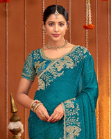 Peacock Blue Designer Fancy Chiffon Saree With Zari Embroidery-Diamond Work And Cut Work Border