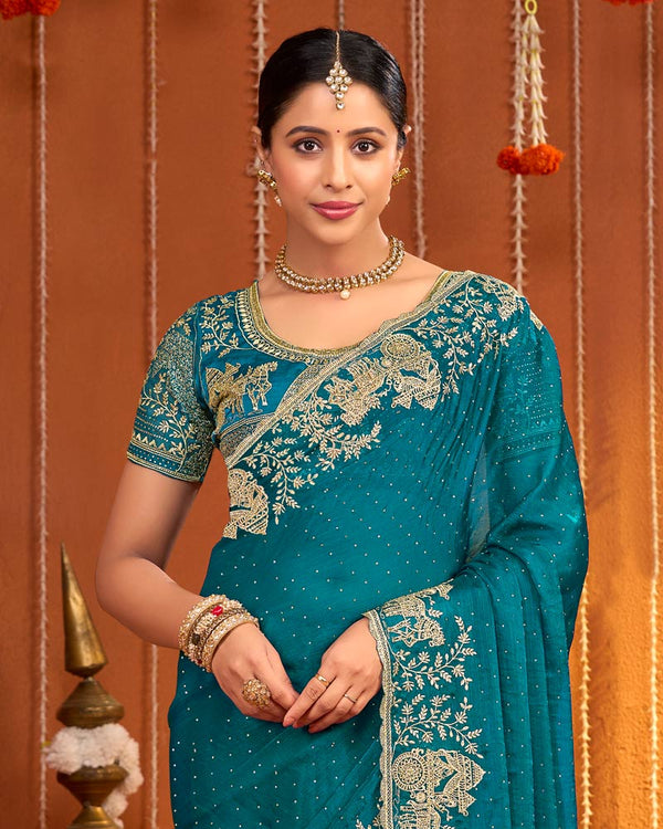 Peacock Blue Designer Fancy Chiffon Saree With Zari Embroidery-Diamond Work And Cut Work Border