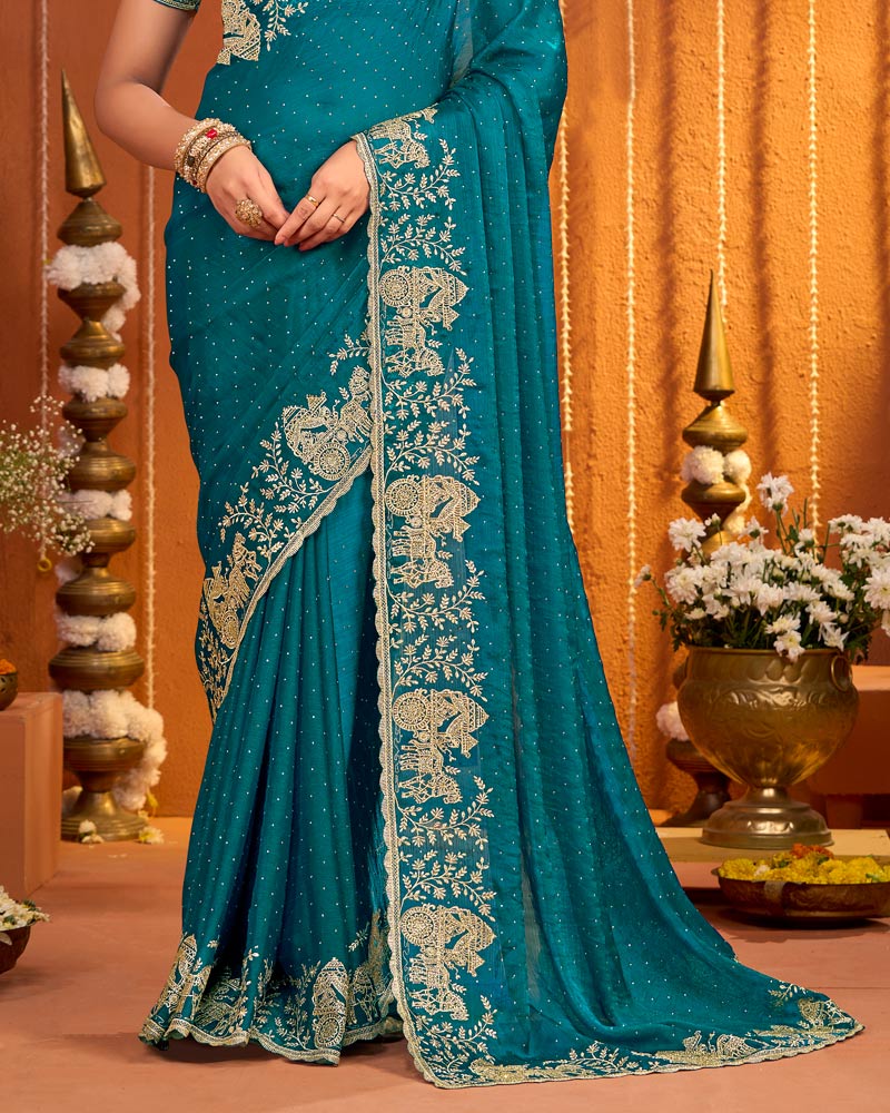 Peacock Blue Designer Fancy Chiffon Saree With Zari Embroidery-Diamond Work And Cut Work Border