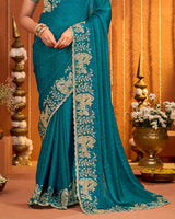Peacock Blue Designer Fancy Chiffon Saree With Zari Embroidery-Diamond Work And Cut Work Border