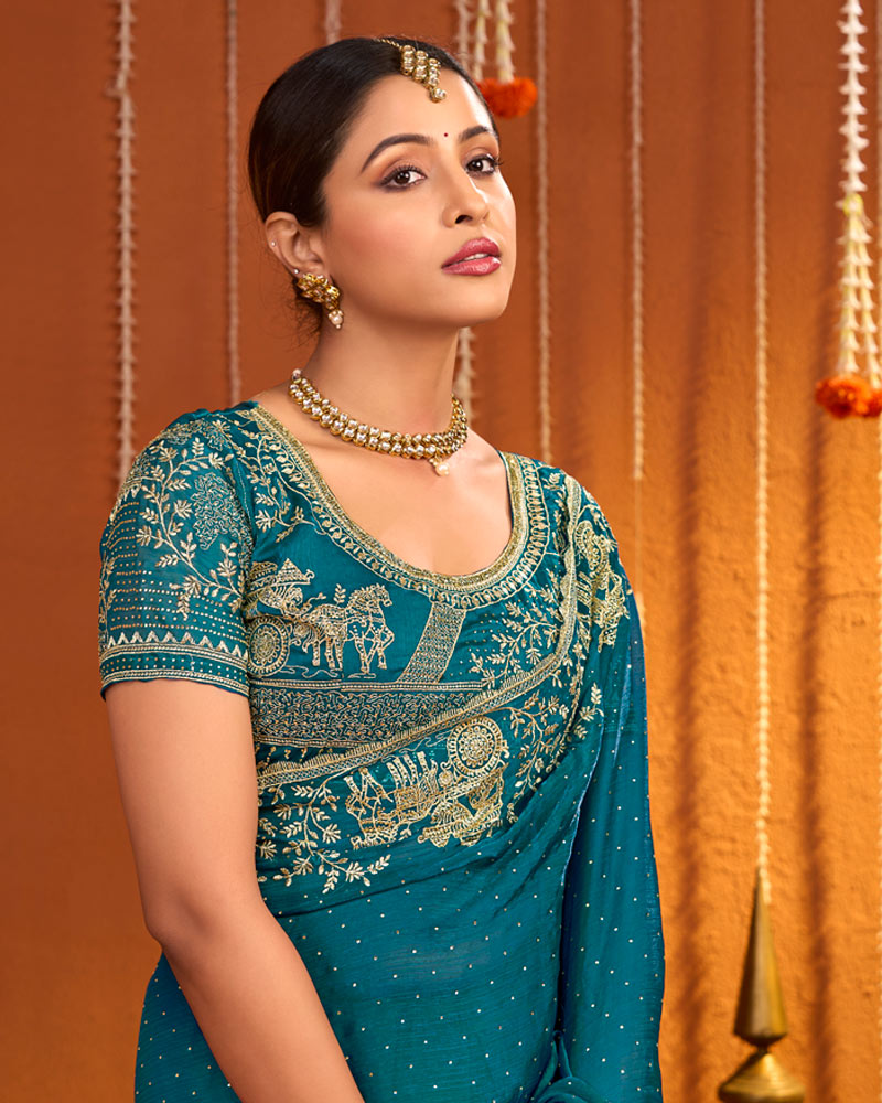 Peacock Blue Designer Fancy Chiffon Saree With Zari Embroidery-Diamond Work And Cut Work Border