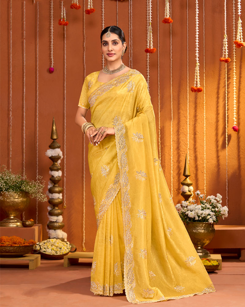 Apricot Yellow Designer Gold Crush Saree With Embroidery-Diamond Work And Cut Work Border