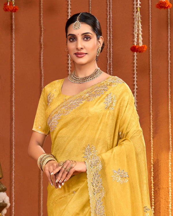 Apricot Yellow Designer Gold Crush Saree With Embroidery-Diamond Work And Cut Work Border