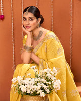 Apricot Yellow Designer Gold Crush Saree With Embroidery-Diamond Work And Cut Work Border