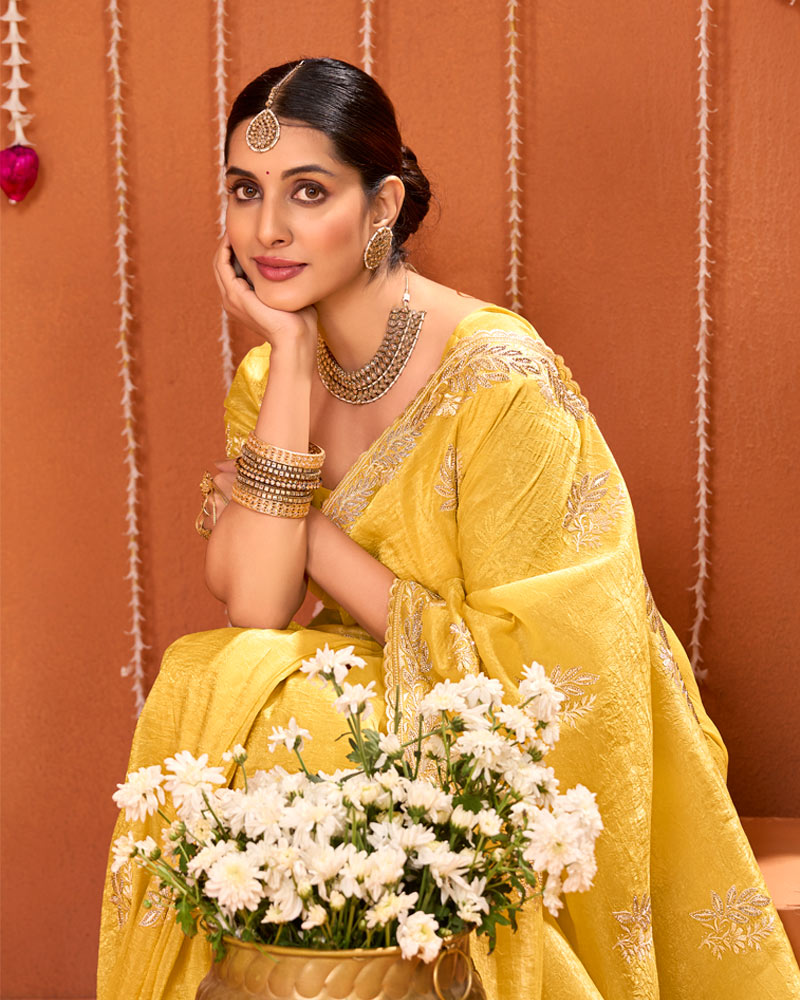 Apricot Yellow Designer Gold Crush Saree With Embroidery-Diamond Work And Cut Work Border