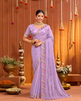 Pastel Purple Designer Fancy Chiffon Saree With Multi Embroidery-Diamond Work And Cut Work Border