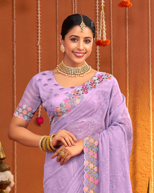 Pastel Purple Designer Fancy Chiffon Saree With Multi Embroidery-Diamond Work And Cut Work Border