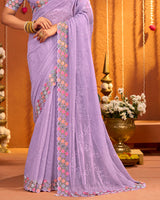 Pastel Purple Designer Fancy Chiffon Saree With Multi Embroidery-Diamond Work And Cut Work Border