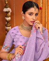 Pastel Purple Designer Fancy Chiffon Saree With Multi Embroidery-Diamond Work And Cut Work Border