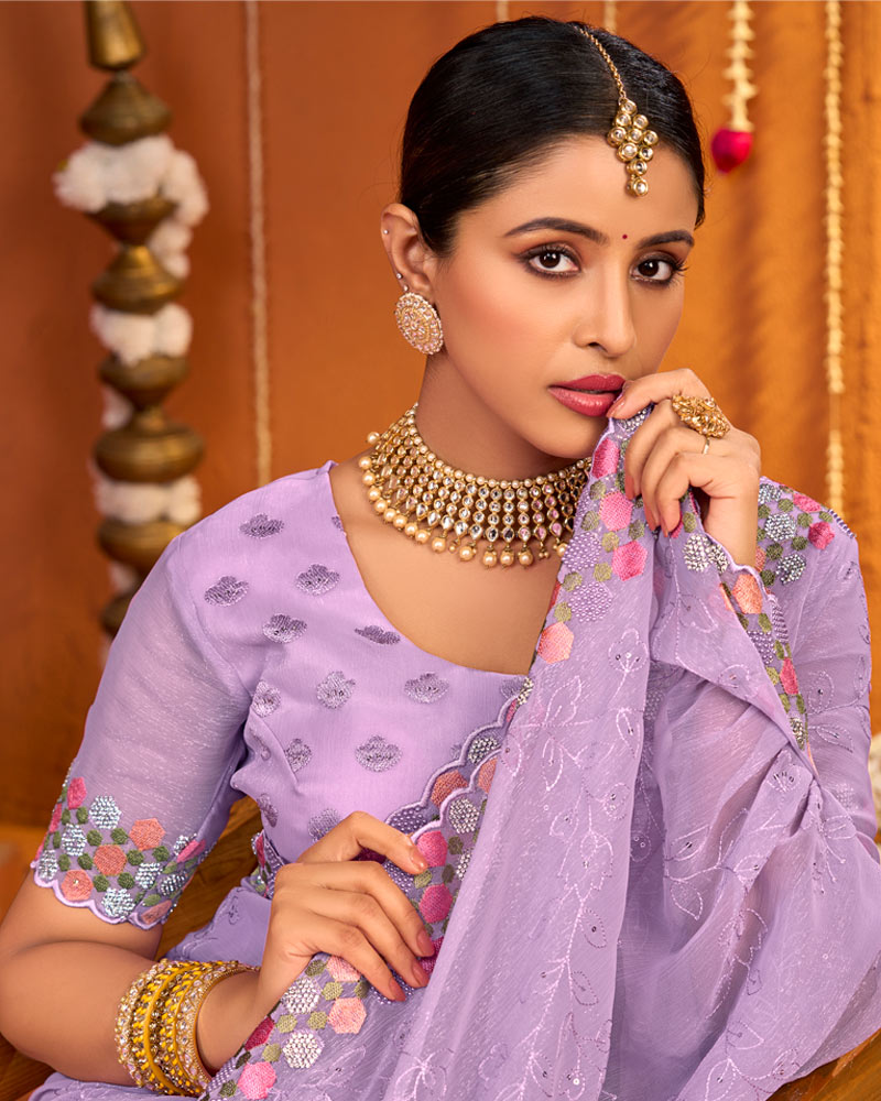 Pastel Purple Designer Fancy Chiffon Saree With Multi Embroidery-Diamond Work And Cut Work Border