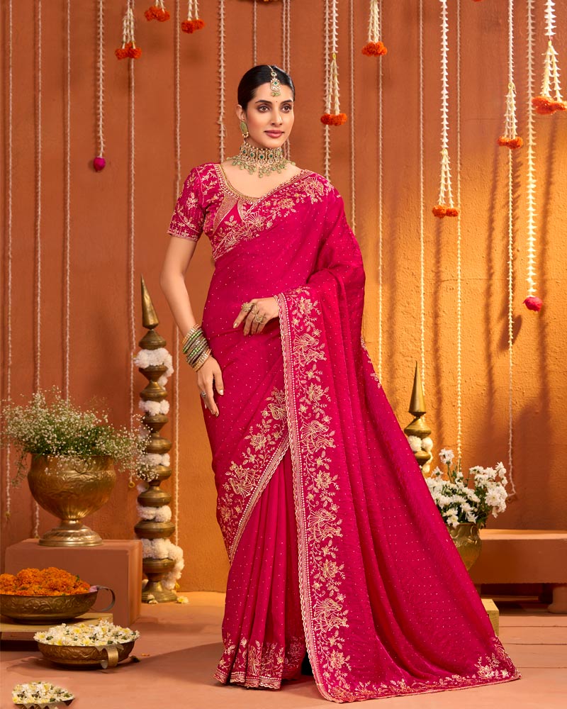 Raspberry Pink Designer Fancy Satin Saree With Zari Embroidery-Diamond Work And Cut Work Border