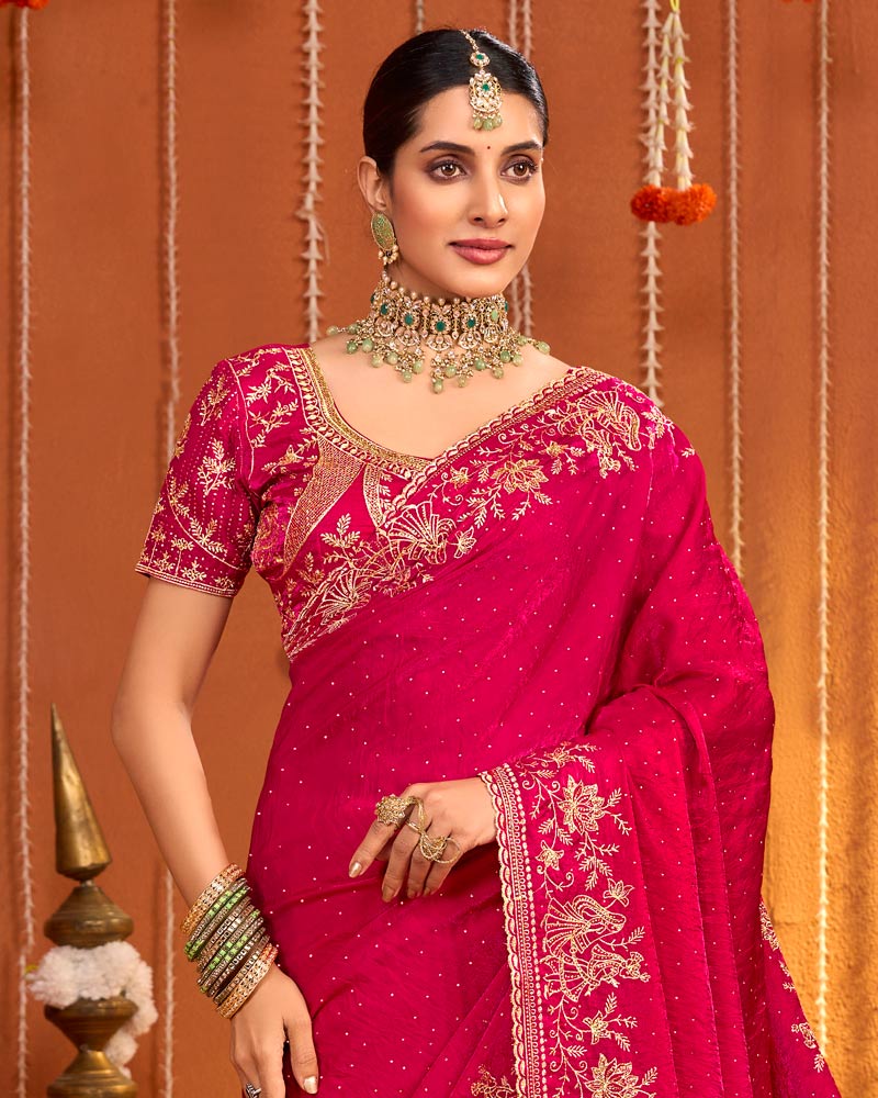 Raspberry Pink Designer Fancy Satin Saree With Zari Embroidery-Diamond Work And Cut Work Border