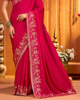 Raspberry Pink Designer Fancy Satin Saree With Zari Embroidery-Diamond Work And Cut Work Border