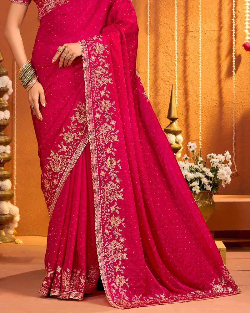 Raspberry Pink Designer Fancy Satin Saree With Zari Embroidery-Diamond Work And Cut Work Border