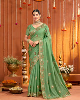 Olivine Green Designer Fancy Chiffon Saree With Zari Embroidery-Diamond Work And Cut Work Border