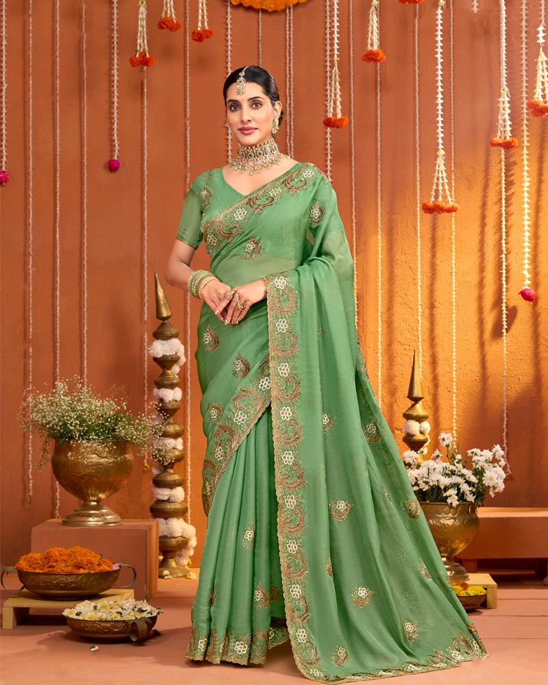 Olivine Green Designer Fancy Chiffon Saree With Zari Embroidery-Diamond Work And Cut Work Border