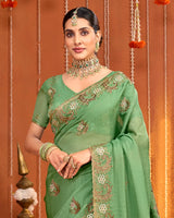 Olivine Green Designer Fancy Chiffon Saree With Zari Embroidery-Diamond Work And Cut Work Border