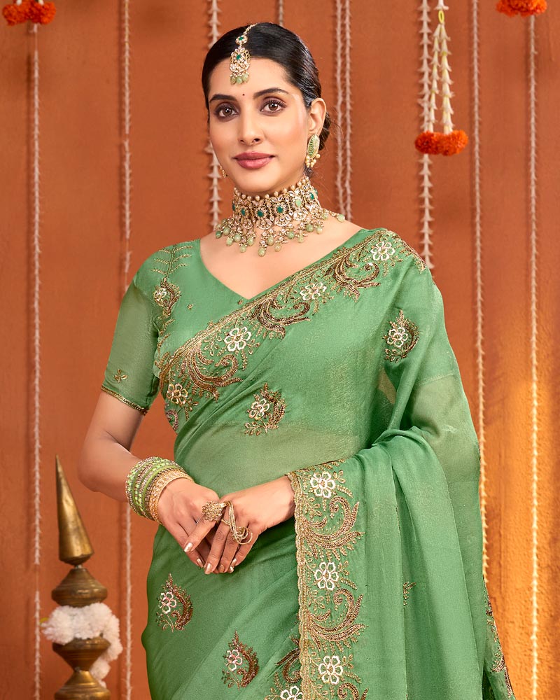 Olivine Green Designer Fancy Chiffon Saree With Zari Embroidery-Diamond Work And Cut Work Border