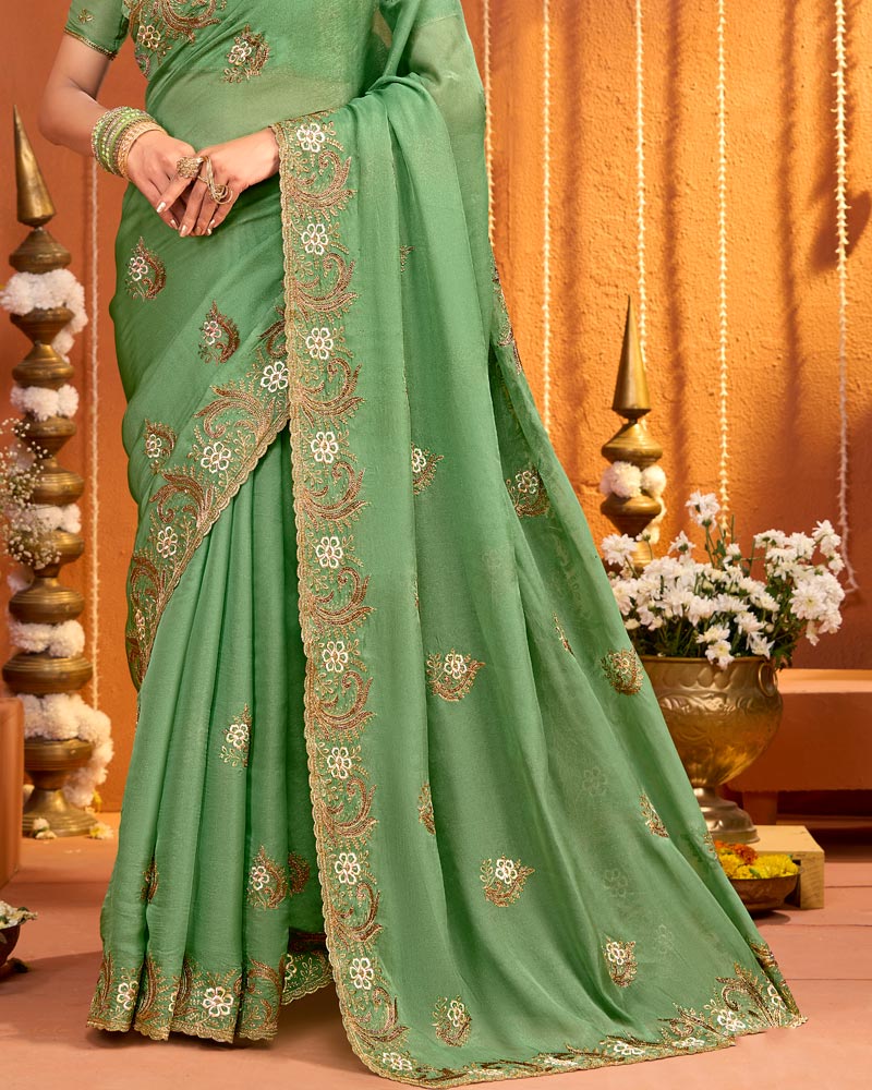 Olivine Green Designer Fancy Chiffon Saree With Zari Embroidery-Diamond Work And Cut Work Border