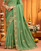 Olivine Green Designer Fancy Chiffon Saree With Zari Embroidery-Diamond Work And Cut Work Border