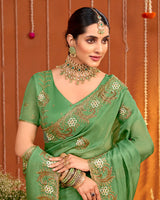 Olivine Green Designer Fancy Chiffon Saree With Zari Embroidery-Diamond Work And Cut Work Border