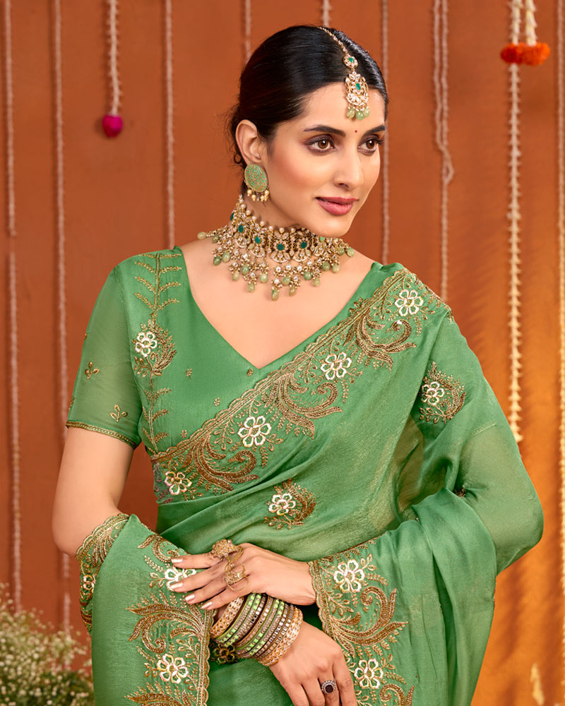 Olivine Green Designer Fancy Chiffon Saree With Zari Embroidery-Diamond Work And Cut Work Border