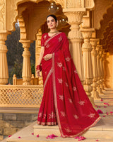 Sindoori Red Designer Fancy Chiffon Saree With Zari-Embroidery-Diamond Work And Cut Work Border