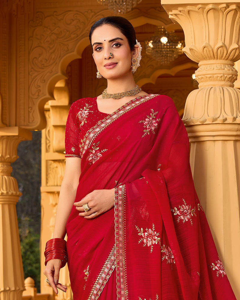 Sindoori Red Designer Fancy Chiffon Saree With Zari-Embroidery-Diamond Work And Cut Work Border