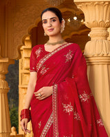 Sindoori Red Designer Fancy Chiffon Saree With Zari-Embroidery-Diamond Work And Cut Work Border
