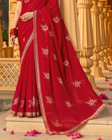Sindoori Red Designer Fancy Chiffon Saree With Zari-Embroidery-Diamond Work And Cut Work Border