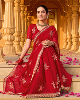 Sindoori Red Designer Fancy Chiffon Saree With Zari-Embroidery-Diamond Work And Cut Work Border