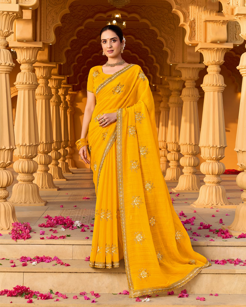 Haldi Yellow Designer Fancy Chiffon Saree With Zari-Embroidery-Diamond Work And Cut Work Border