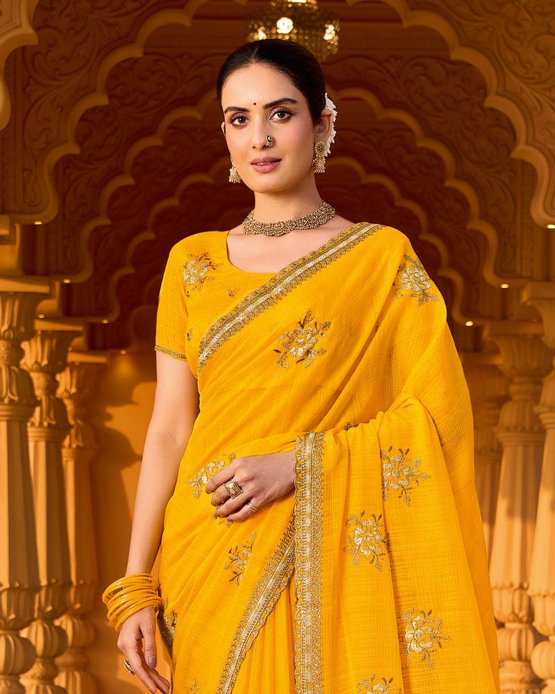 Haldi Yellow Designer Fancy Chiffon Saree With Zari-Embroidery-Diamond Work And Cut Work Border