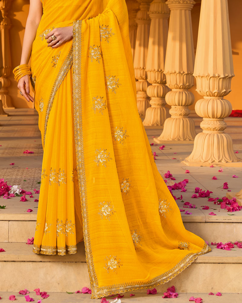 Haldi Yellow Designer Fancy Chiffon Saree With Zari-Embroidery-Diamond Work And Cut Work Border