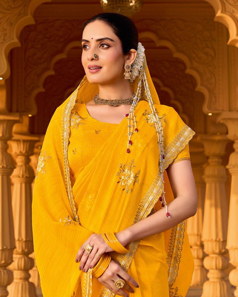 Haldi Yellow Designer Fancy Chiffon Saree With Zari-Embroidery-Diamond Work And Cut Work Border