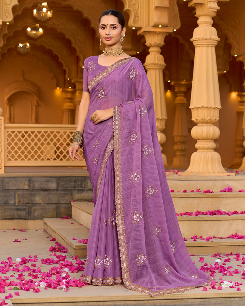 Lilac Designer Fancy Chiffon Saree With Zari-Embroidery-Diamond Work And Cut Work Border