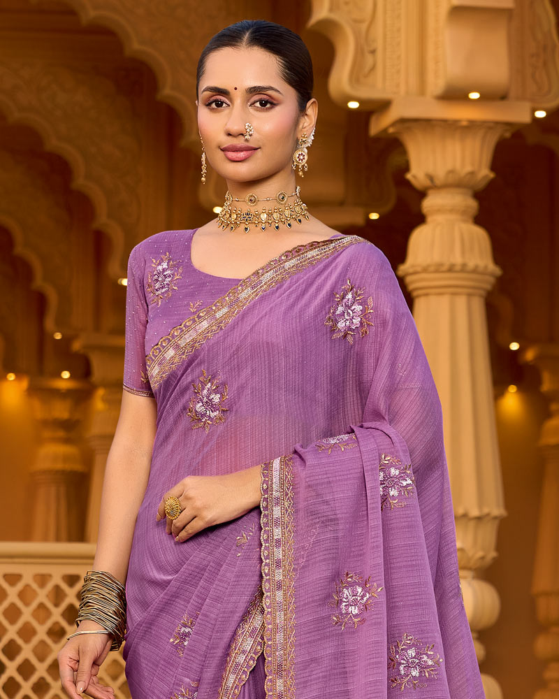 Lilac Designer Fancy Chiffon Saree With Zari-Embroidery-Diamond Work And Cut Work Border