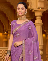 Lilac Designer Fancy Chiffon Saree With Zari-Embroidery-Diamond Work And Cut Work Border