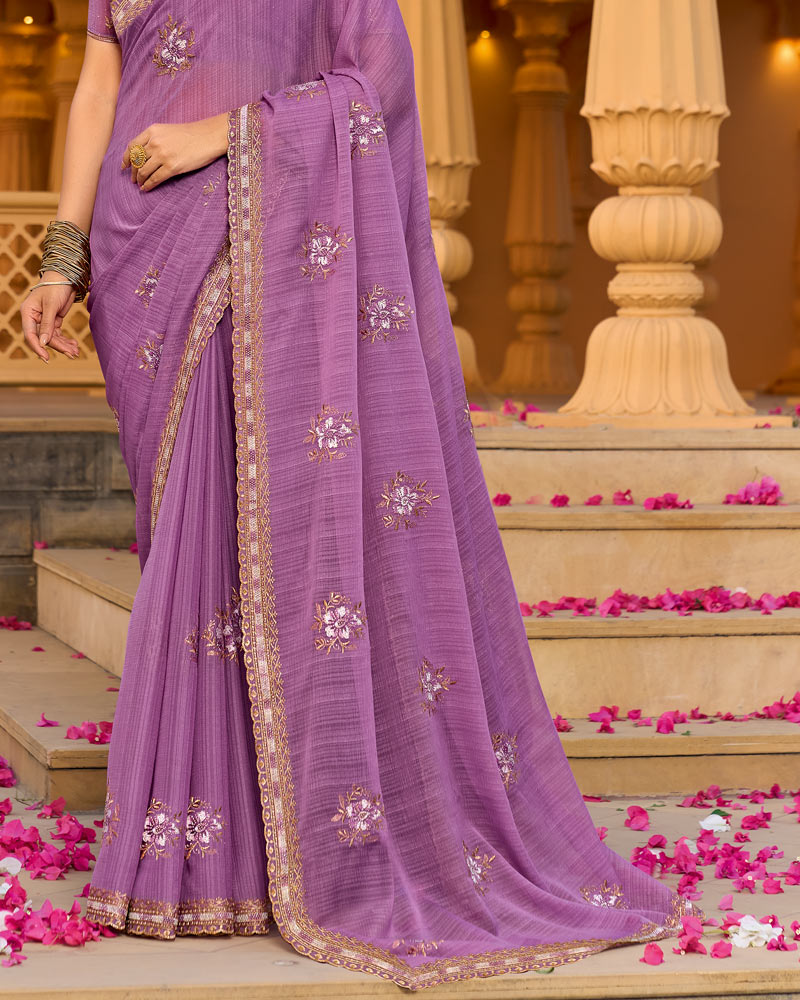 Lilac Designer Fancy Chiffon Saree With Zari-Embroidery-Diamond Work And Cut Work Border