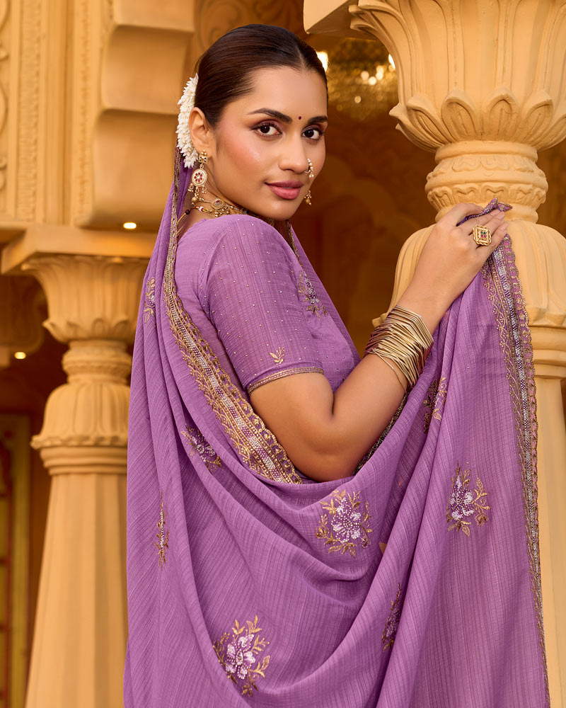 Lilac Designer Fancy Chiffon Saree With Zari-Embroidery-Diamond Work And Cut Work Border