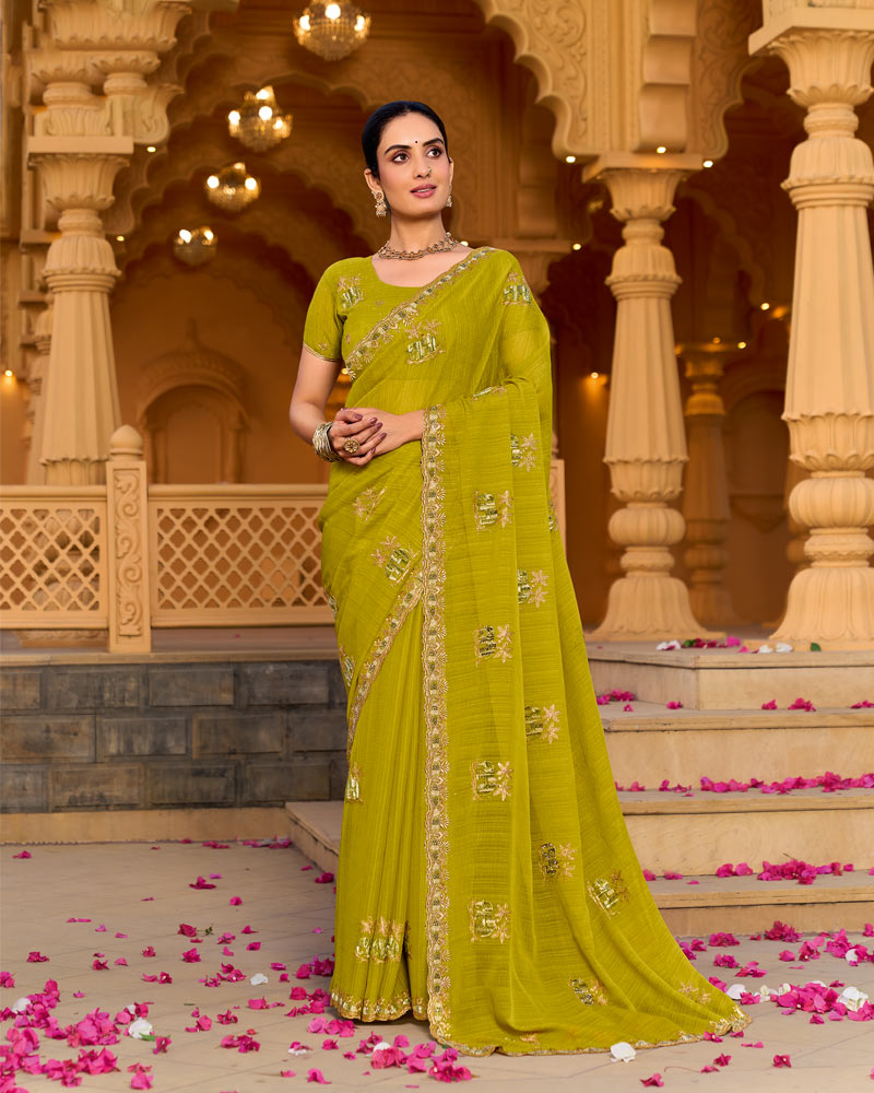 Lime Green Designer Fancy Chiffon Saree With Zari-Embroidery-Diamond Work And Cut Work Border