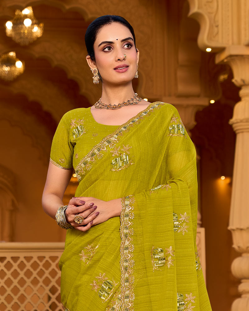 Lime Green Designer Fancy Chiffon Saree With Zari-Embroidery-Diamond Work And Cut Work Border