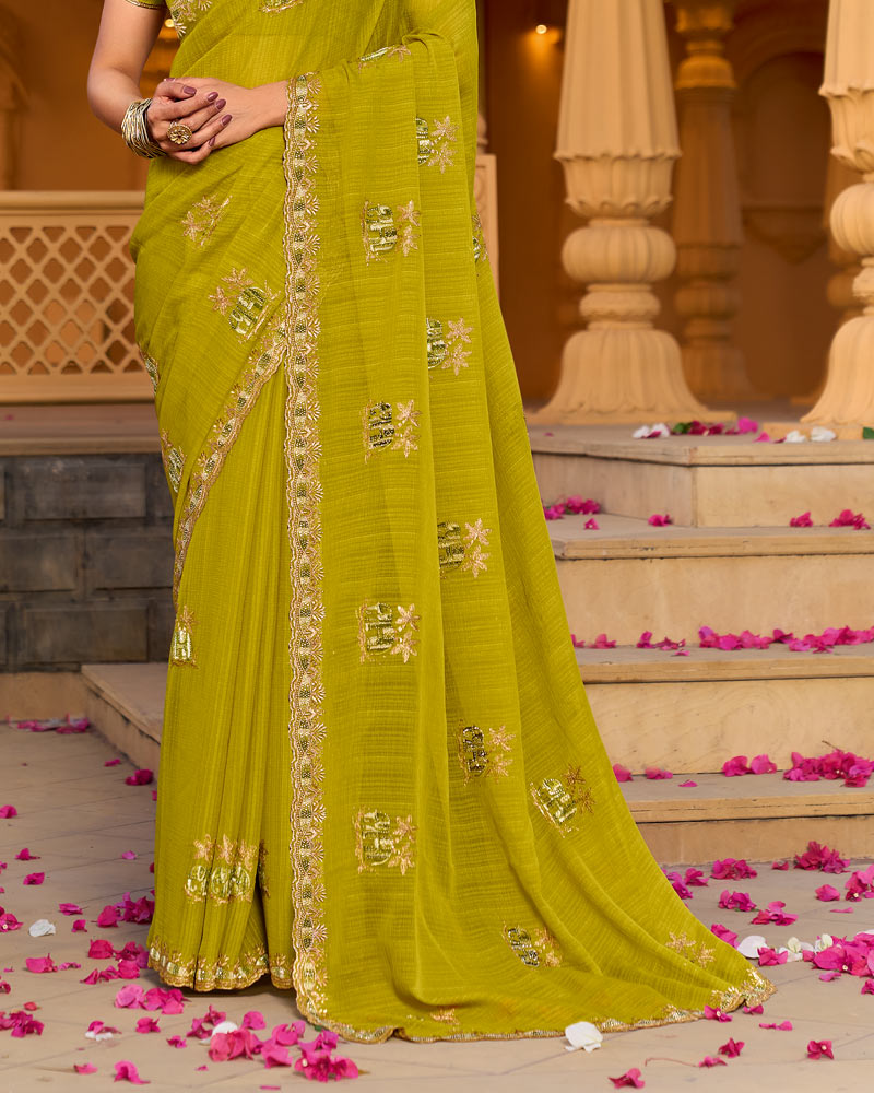 Lime Green Designer Fancy Chiffon Saree With Zari-Embroidery-Diamond Work And Cut Work Border