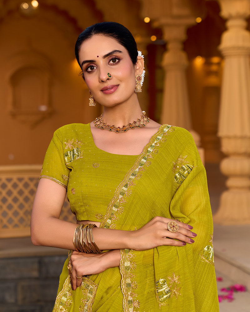 Lime Green Designer Fancy Chiffon Saree With Zari-Embroidery-Diamond Work And Cut Work Border