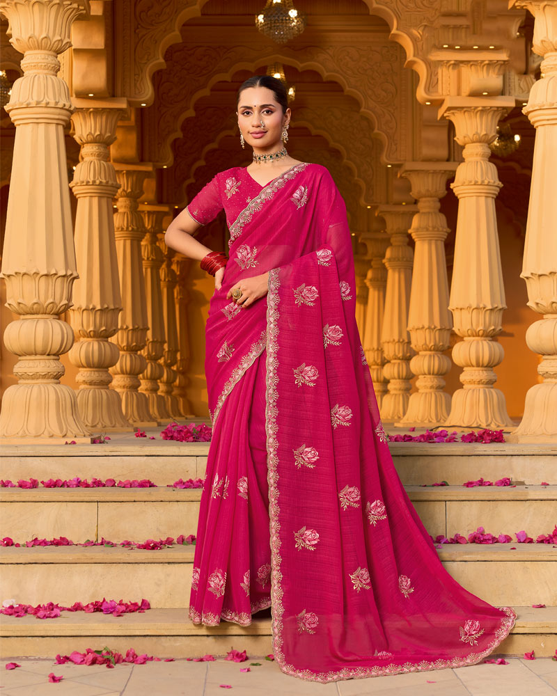 Raspberry Pink Designer Fancy Chiffon Saree With Zari-Embroidery-Diamond Work And Cut Work Border