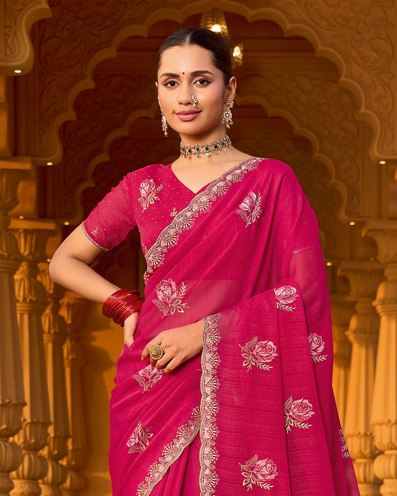 Raspberry Pink Designer Fancy Chiffon Saree With Zari-Embroidery-Diamond Work And Cut Work Border
