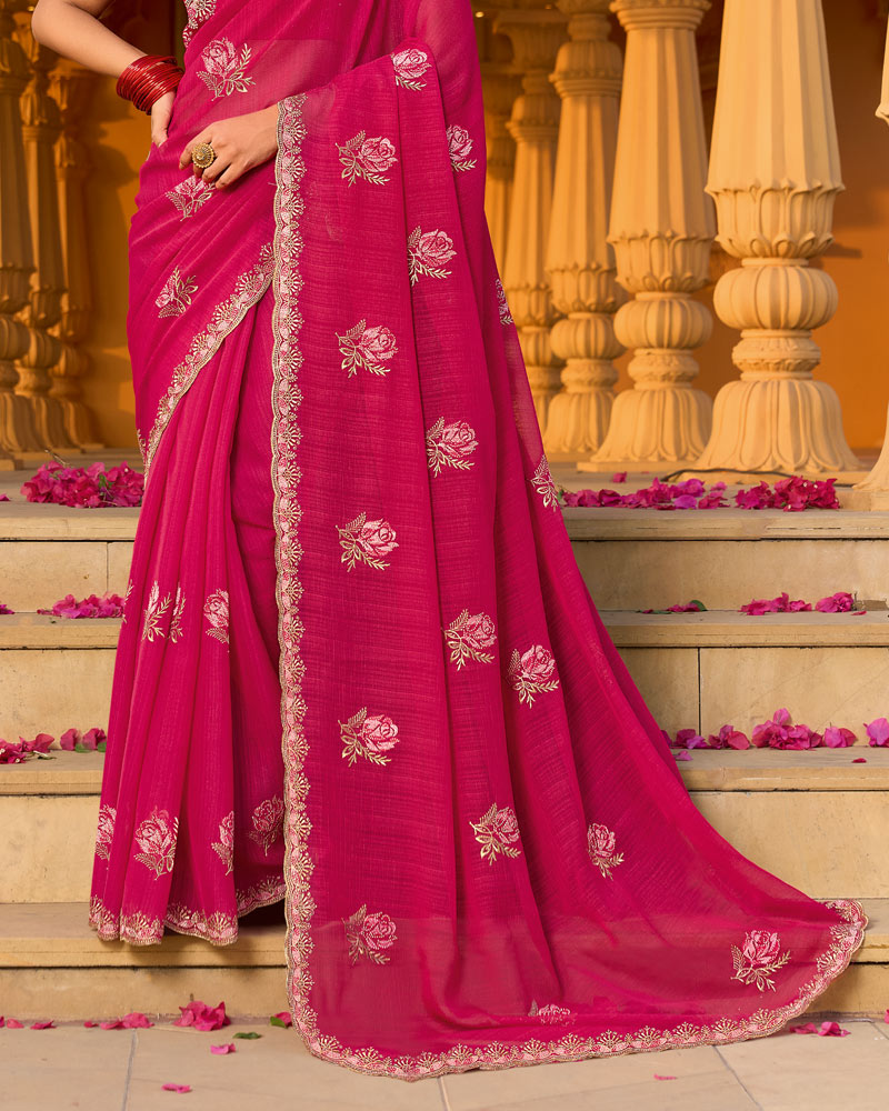 Raspberry Pink Designer Fancy Chiffon Saree With Zari-Embroidery-Diamond Work And Cut Work Border