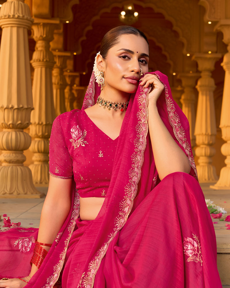 Raspberry Pink Designer Fancy Chiffon Saree With Zari-Embroidery-Diamond Work And Cut Work Border