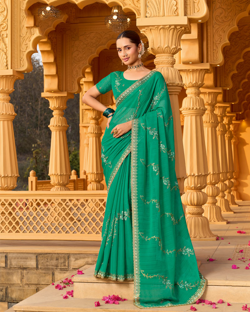 Teal Green Designer Fancy Chiffon Saree With Zari-Embroidery-Diamond Work And Cut Work Border