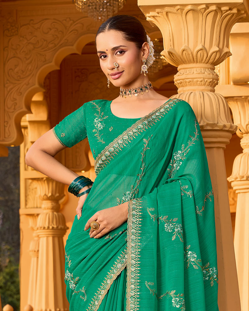 Teal Green Designer Fancy Chiffon Saree With Zari-Embroidery-Diamond Work And Cut Work Border